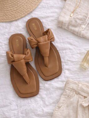 Anthropologie Maeve Cognac Leather Knot Sandals Flat Slide Womens Size 8